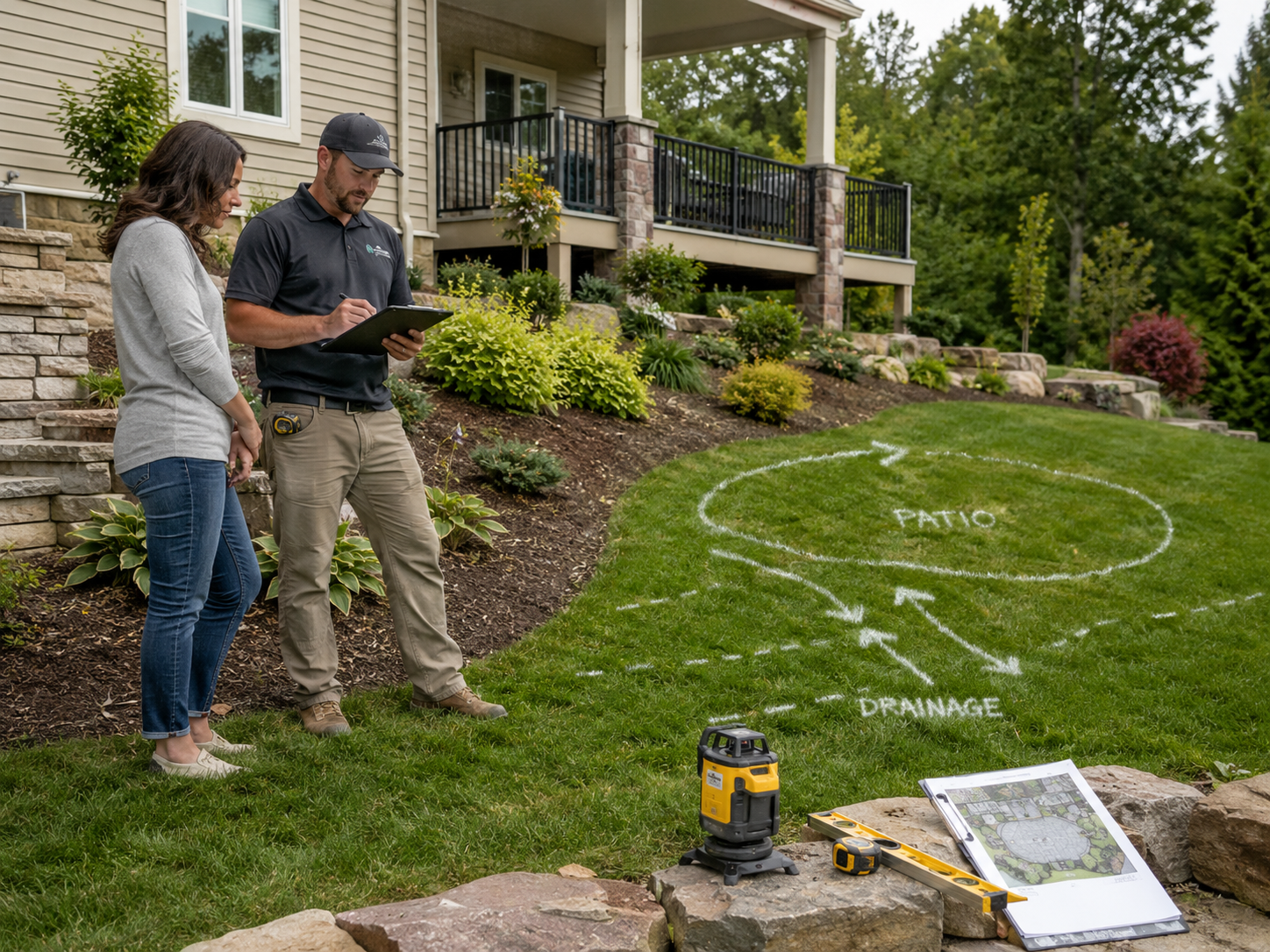 Homeowner and hardscape contractor evaluating a backyard for a patio and fire pit while reviewing grading, drainage, measurements, and site plans.