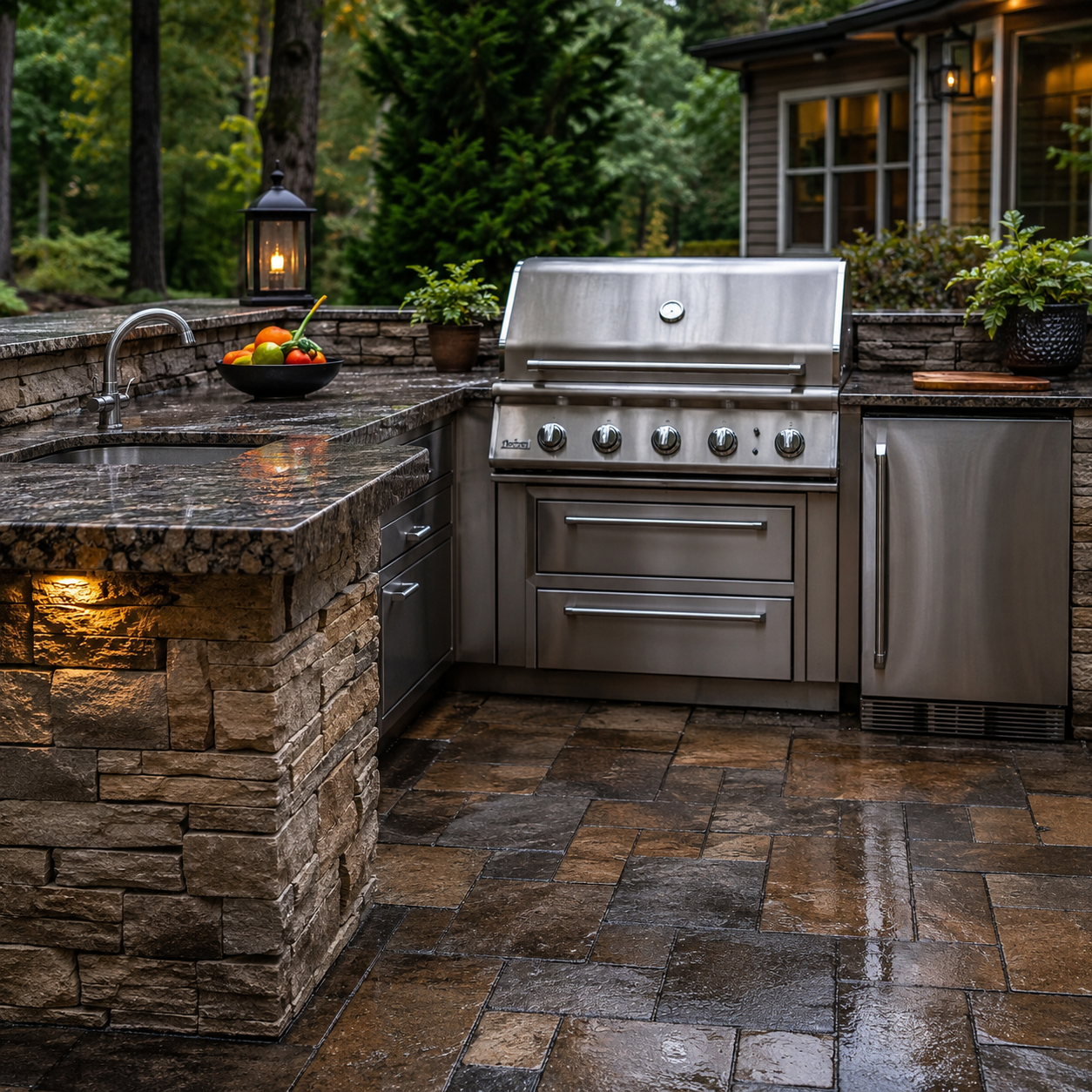 Outdoor kitchen with stainless-steel appliances, stone veneer, weather-resistant countertops, and durable pavers exposed to wet exterior conditions.