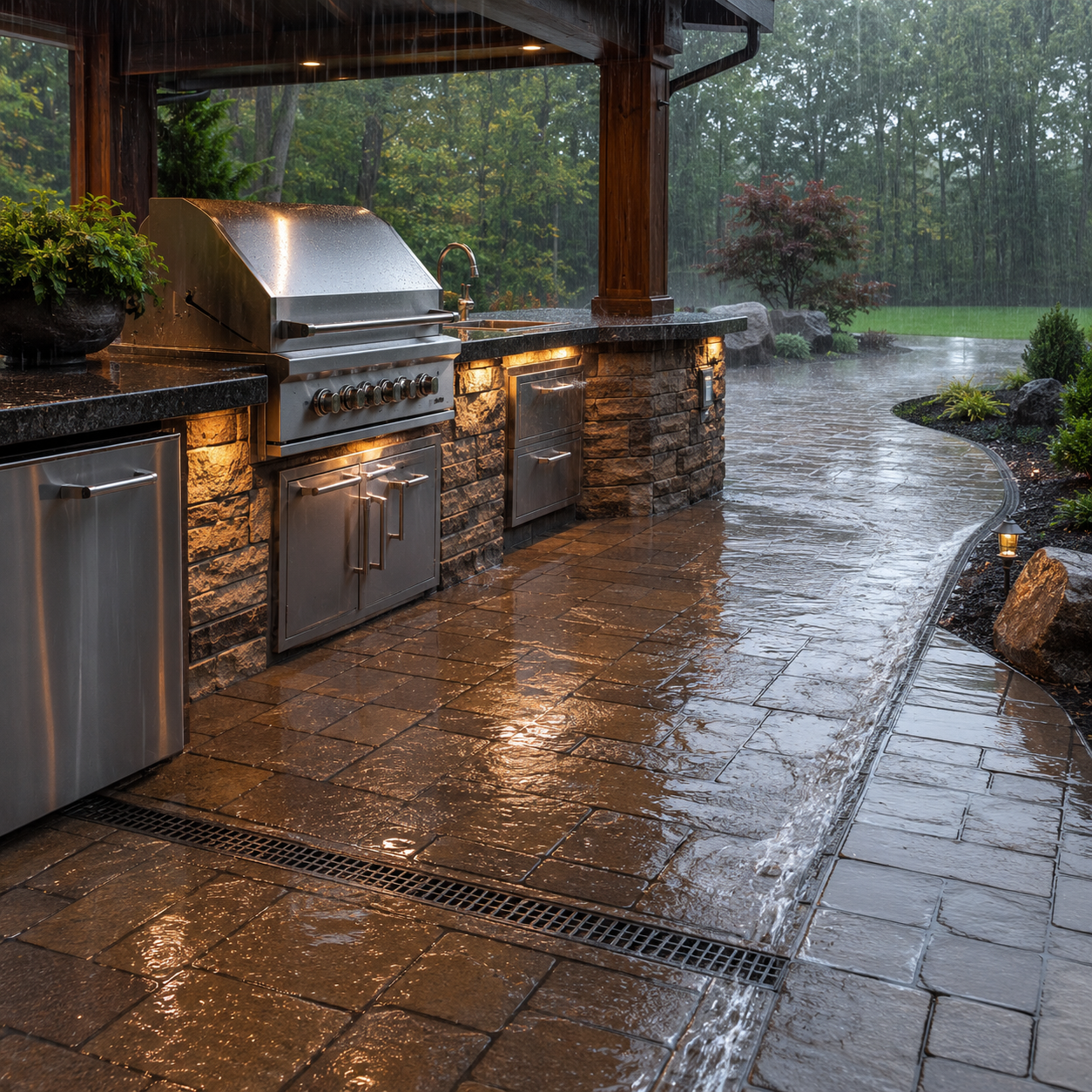 Covered outdoor kitchen during heavy rain with patio runoff flowing toward linear channel drains beside the cooking area.