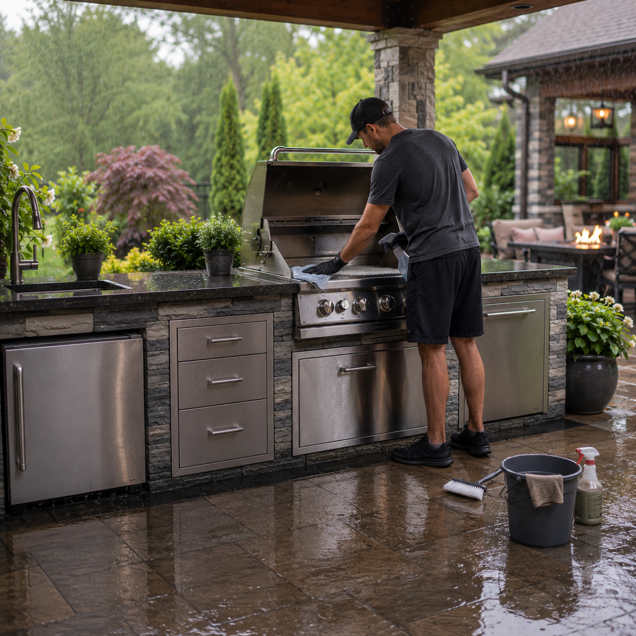 Homeowner cleaning and maintaining a covered outdoor kitchen with a stainless-steel grill, cabinets, countertops, sink, and exterior appliances.