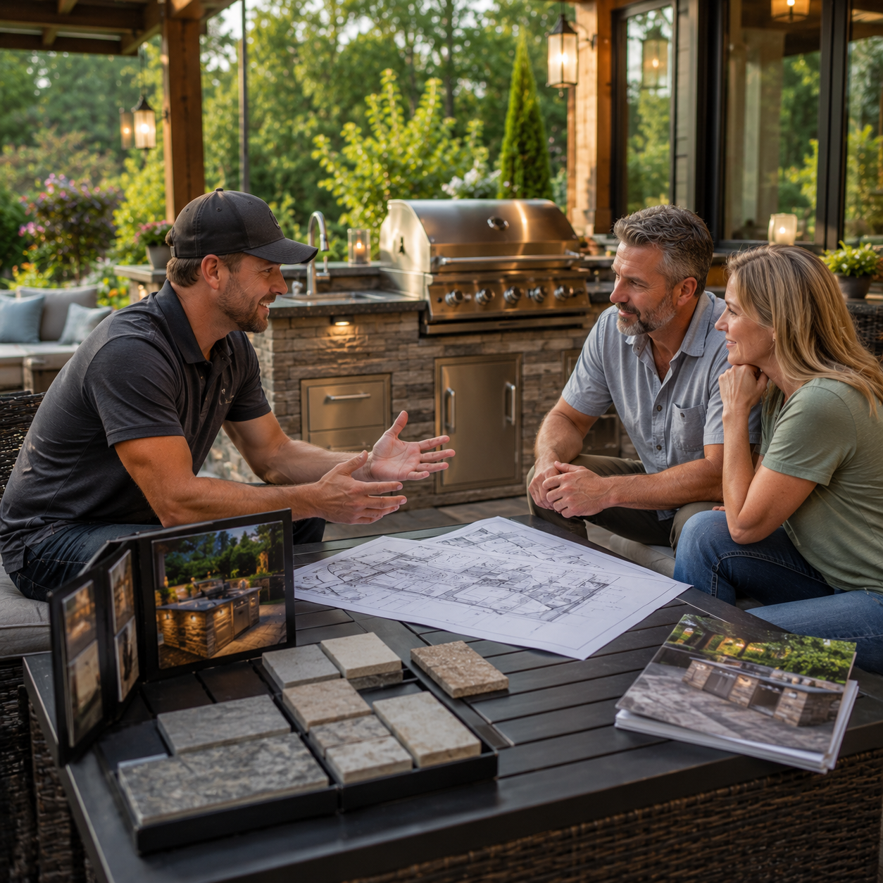 Homeowners meeting with an outdoor kitchen contractor to review project plans, material samples, design options, and completed work.