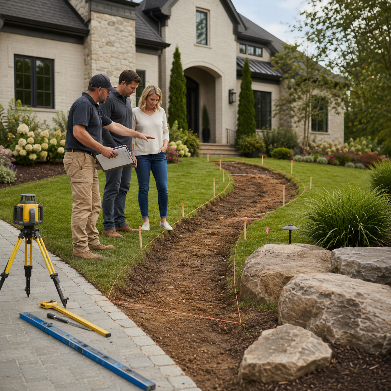 Contractor and homeowners evaluating walkway grading, drainage, slope, and layout with a laser level before construction begins.