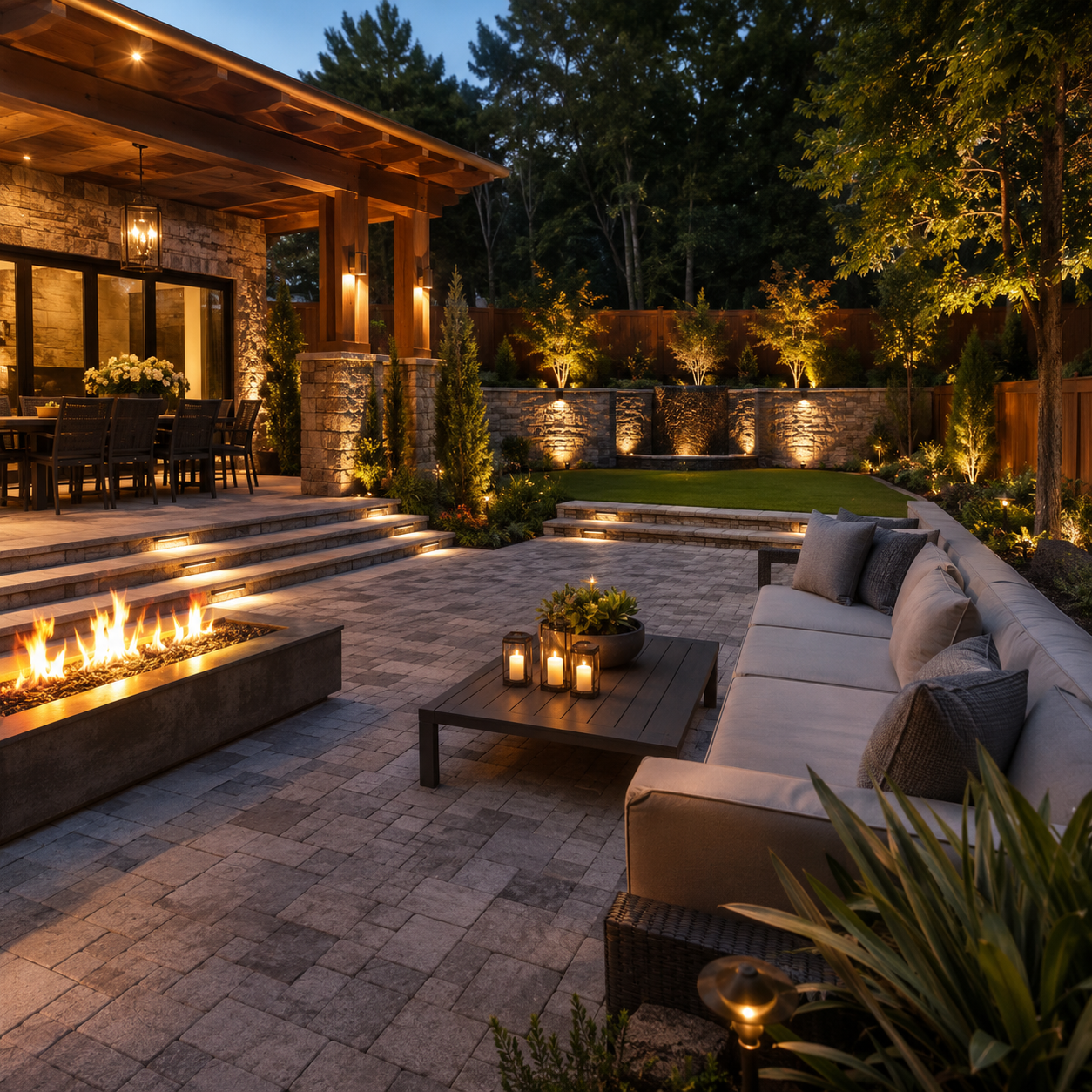 Luxury outdoor living space with a paver patio, covered dining area, fire feature, lounge seating, steps, landscaping, and integrated lighting.