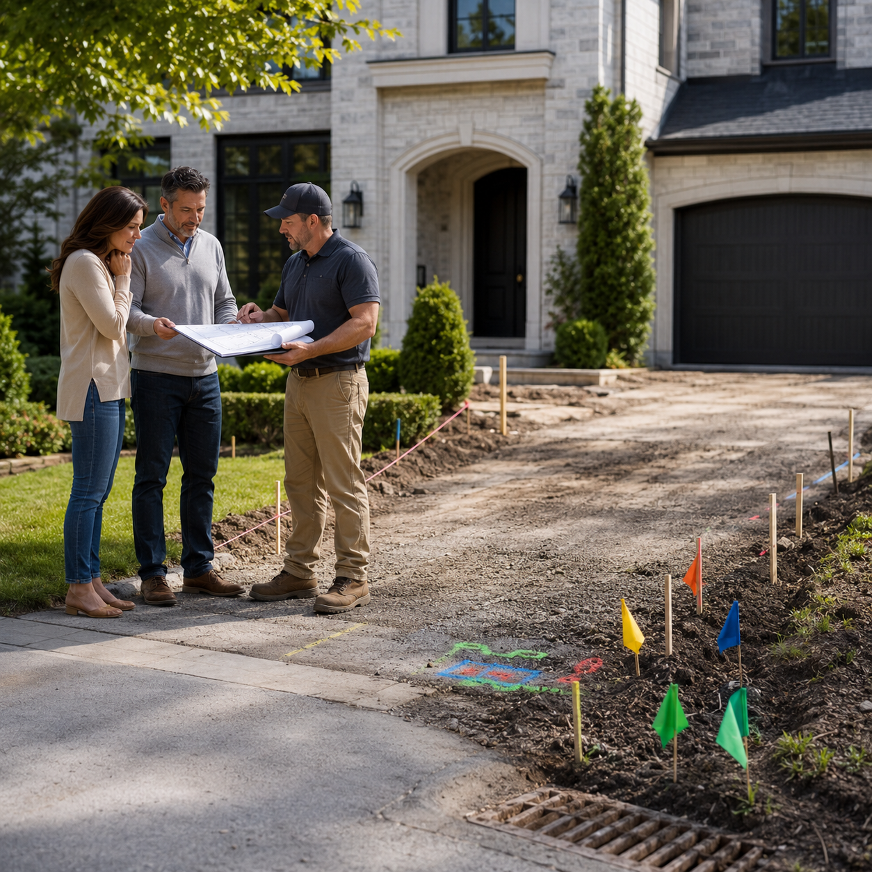 Homeowners and contractor reviewing paver driveway plans beside marked underground utilities, drainage features, and the excavated driveway area.