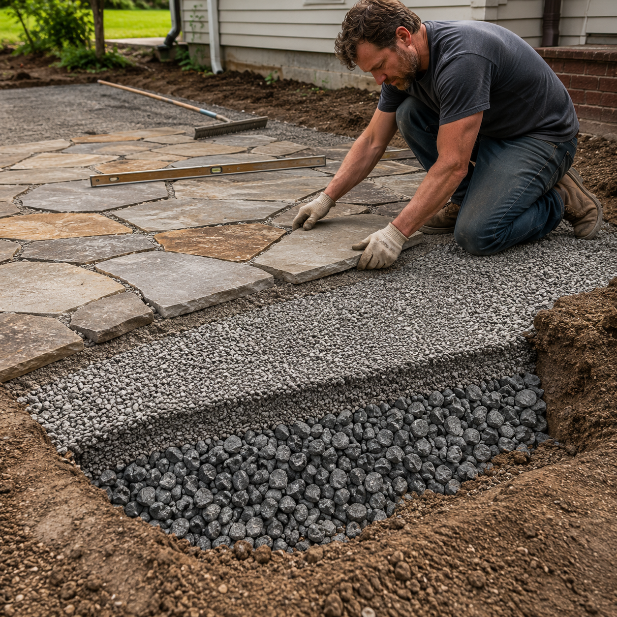 Hardscape contractor installing natural flagstone over a dual-layer Open Graded Base with larger angular stone below and smaller bedding chips above.