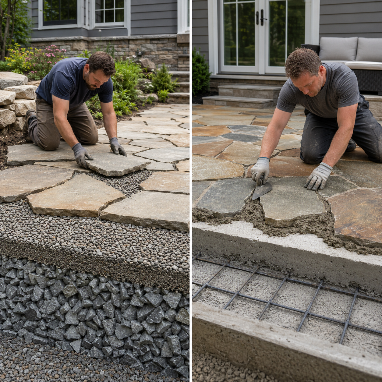 Side-by-side comparison of dry-laid and mortared flagstone patio installation systems with contractors setting natural stone over aggregate and reinforced concrete bases.