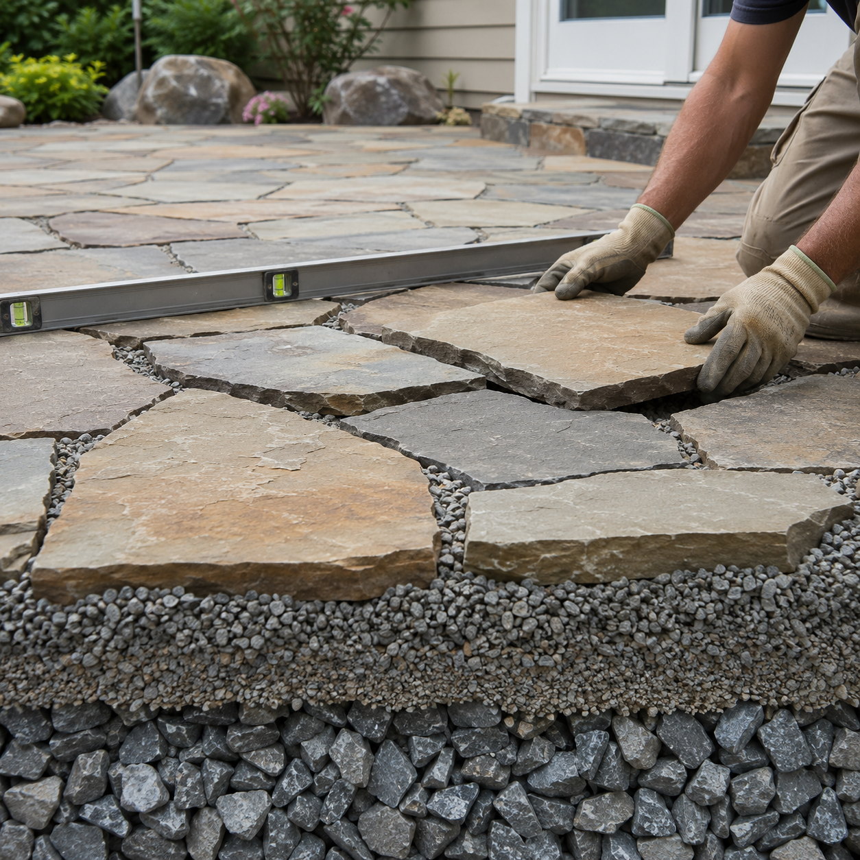 Natural flagstone being installed over small angular bedding chips and a deeper Open Graded Base while the surface is checked with a level.