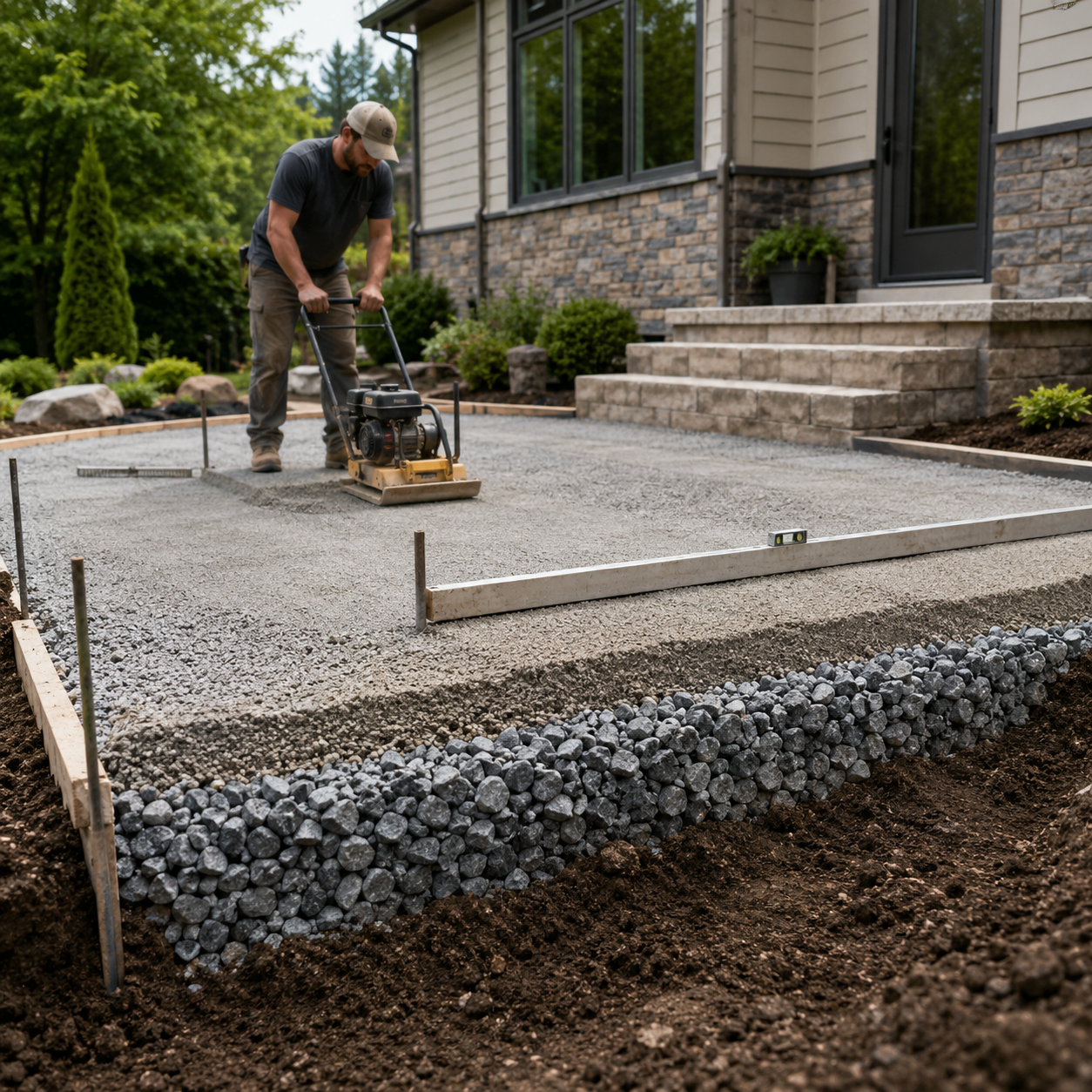 Hardscape contractor compacting and grading the structural base for a backyard patio beside the home before the finished surface is installed.