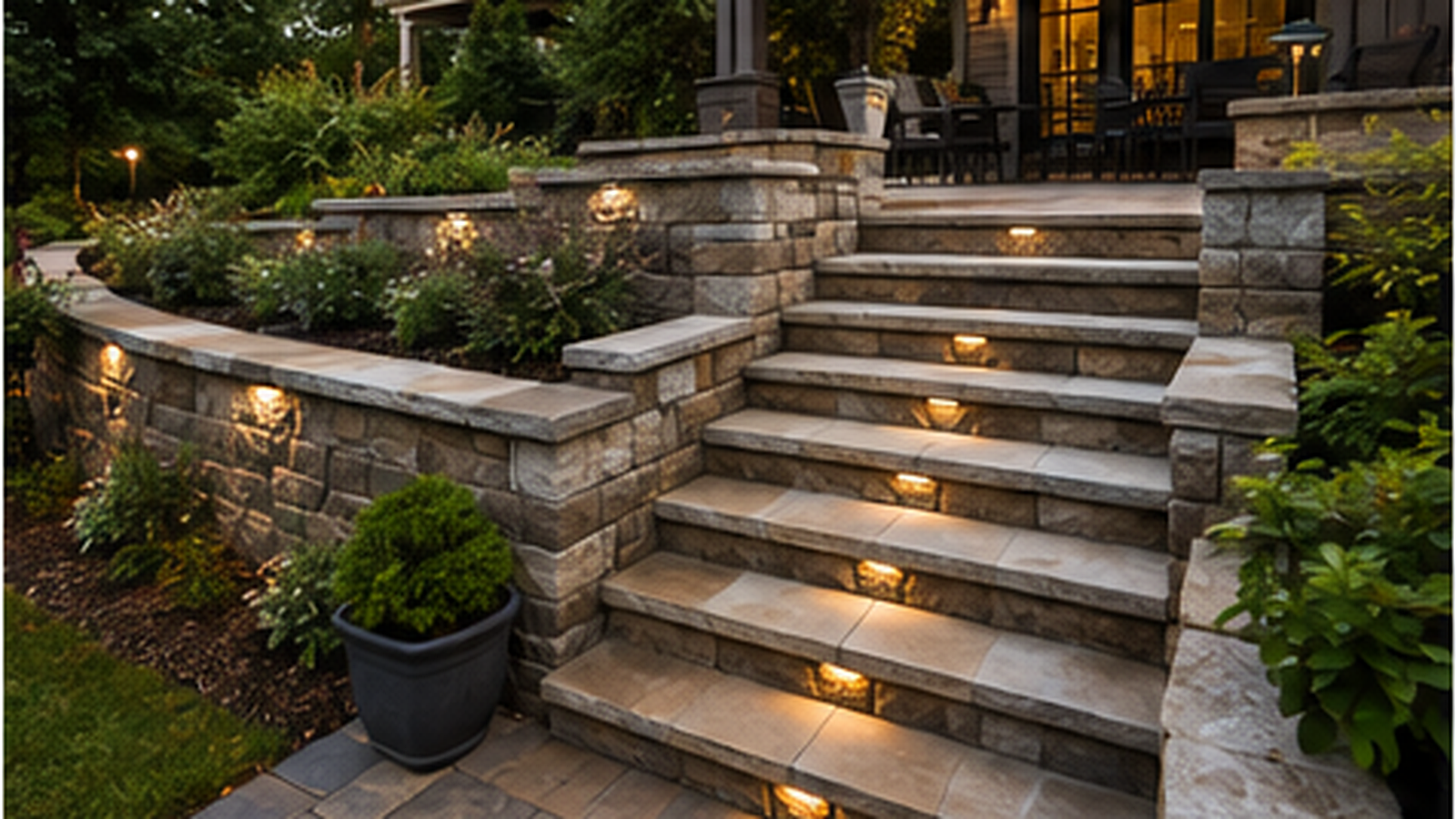 Outdoor stone staircase with lower and upper landings, integrated seating walls, raised planting beds, landscape lighting, and a covered patio entrance.