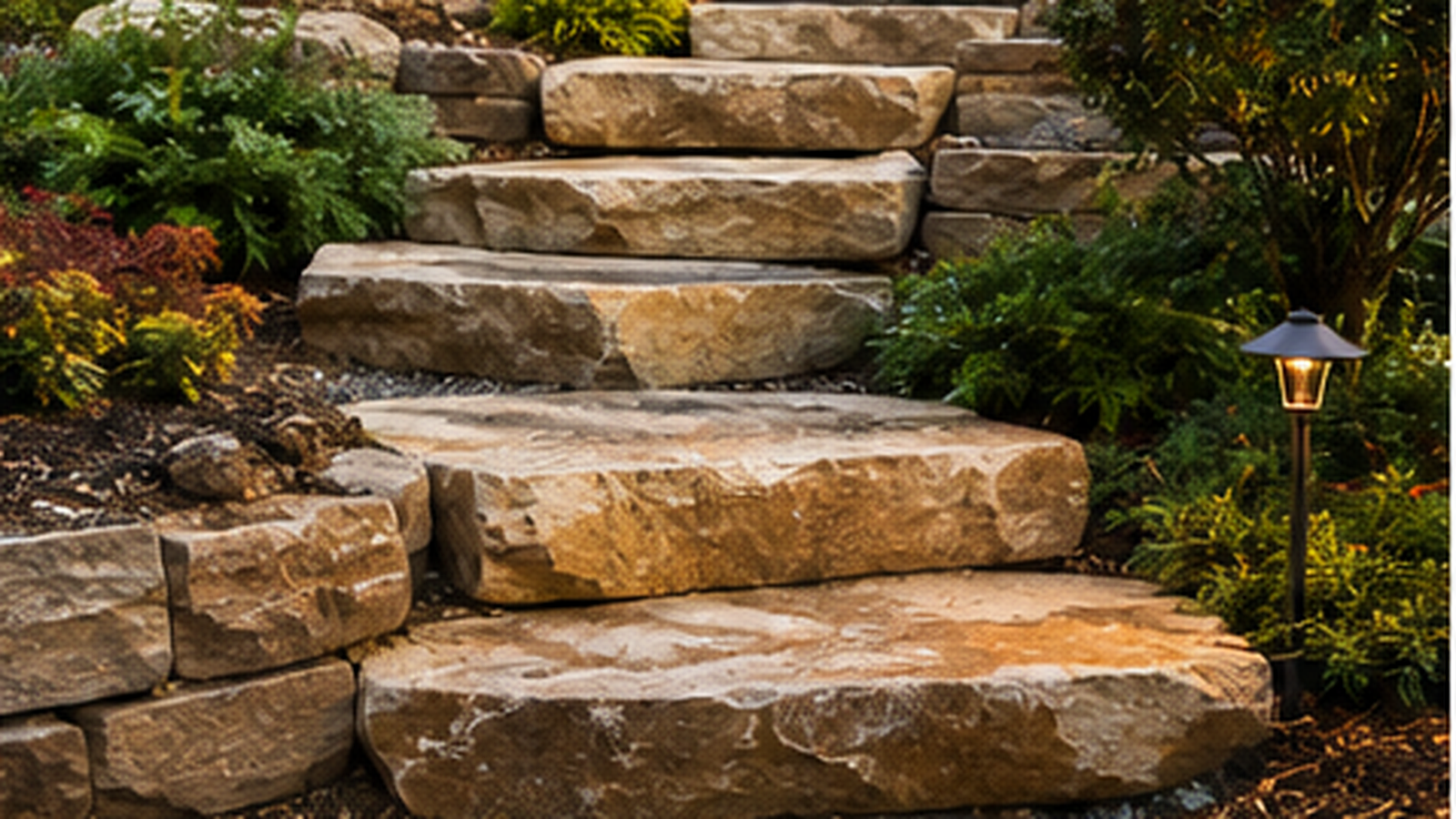 Natural stone slab steps integrated into a landscaped slope with stacked-stone walls, planting beds, boulders, and nearby path lighting.