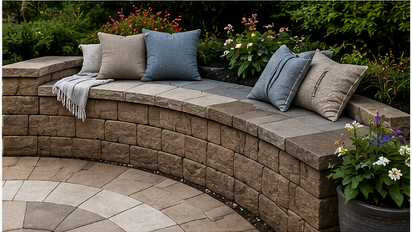 Curved stone seating wall with broad capstones, outdoor cushions, a paver patio, and surrounding garden plantings.