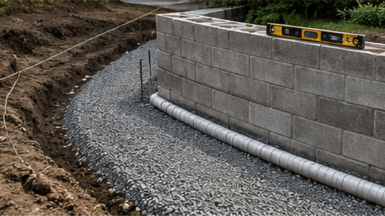 Concrete block seating wall under construction with compacted aggregate base, drainage pipe, excavation, layout lines, and a level used to verify alignment.