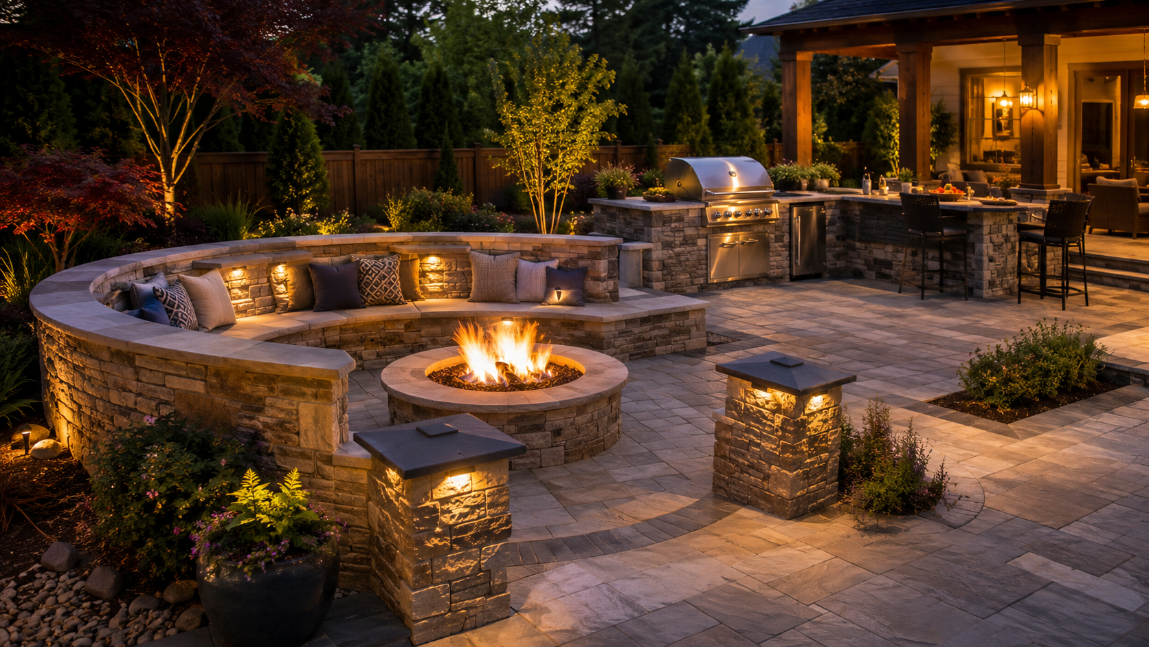 Curved stone seating wall surrounding a fire pit beside an outdoor kitchen, paver patio, illuminated columns, landscaping, and covered dining area.