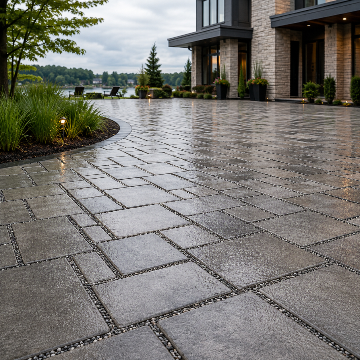 Modern permeable paver patio during rainfall with multiple paver sizes, widened aggregate-filled joints, curved borders, and contemporary landscaping.