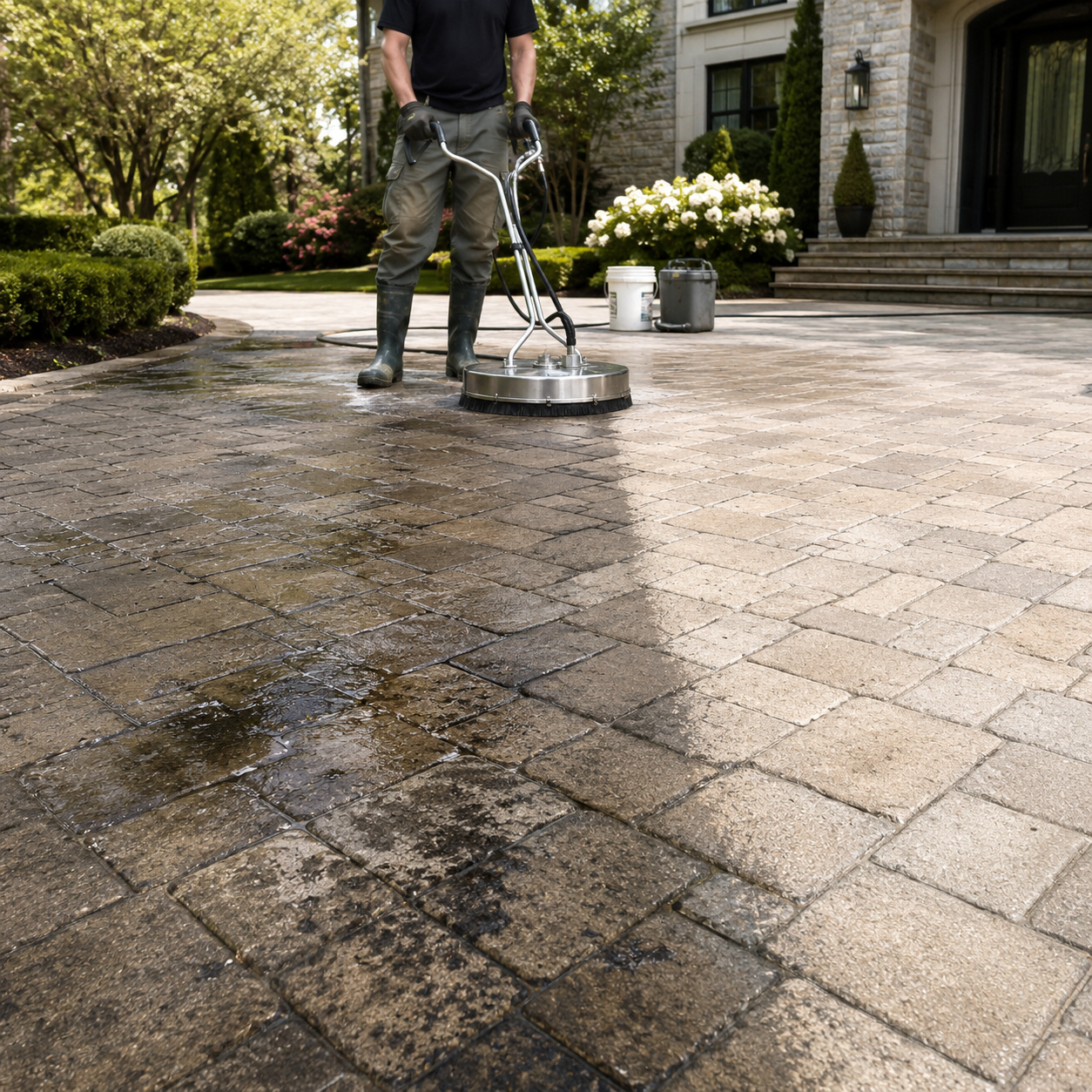 Contractor cleaning a stained paver driveway with a professional surface-cleaning attachment before the sealing process begins.
