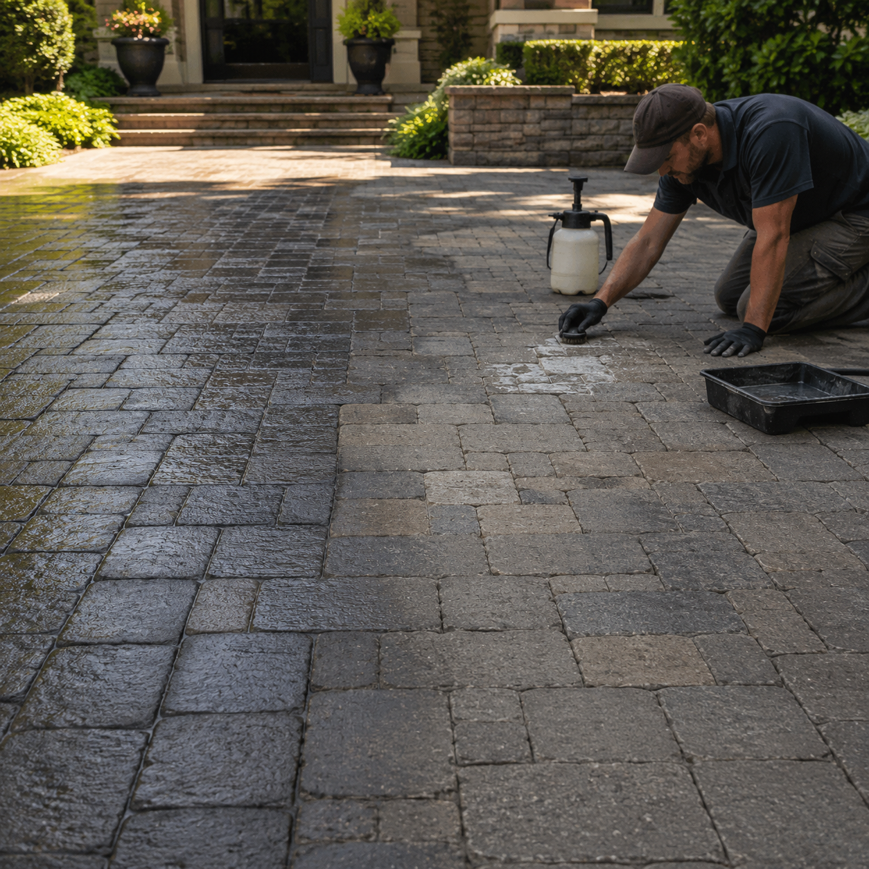 Contractor testing and cleaning an existing paver surface to determine whether an old sealer is present before applying a new product.