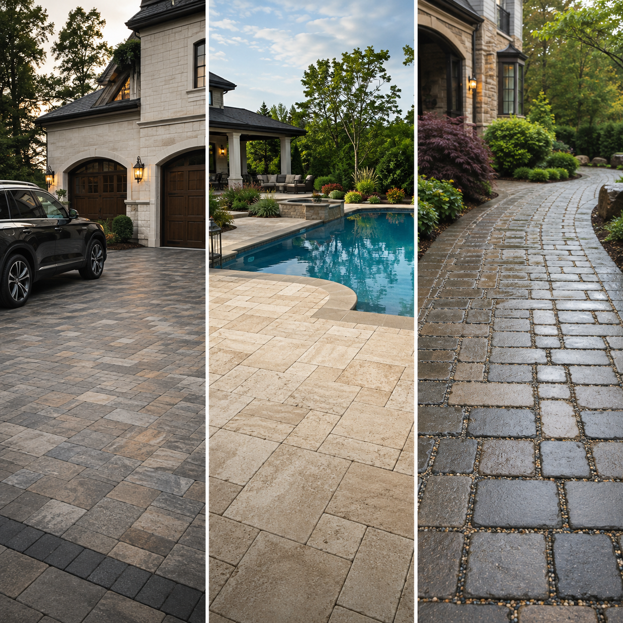 Side-by-side comparison of a residential paver driveway, pool deck, and permeable paver walkway showing three surfaces with different sealing and maintenance requirements.