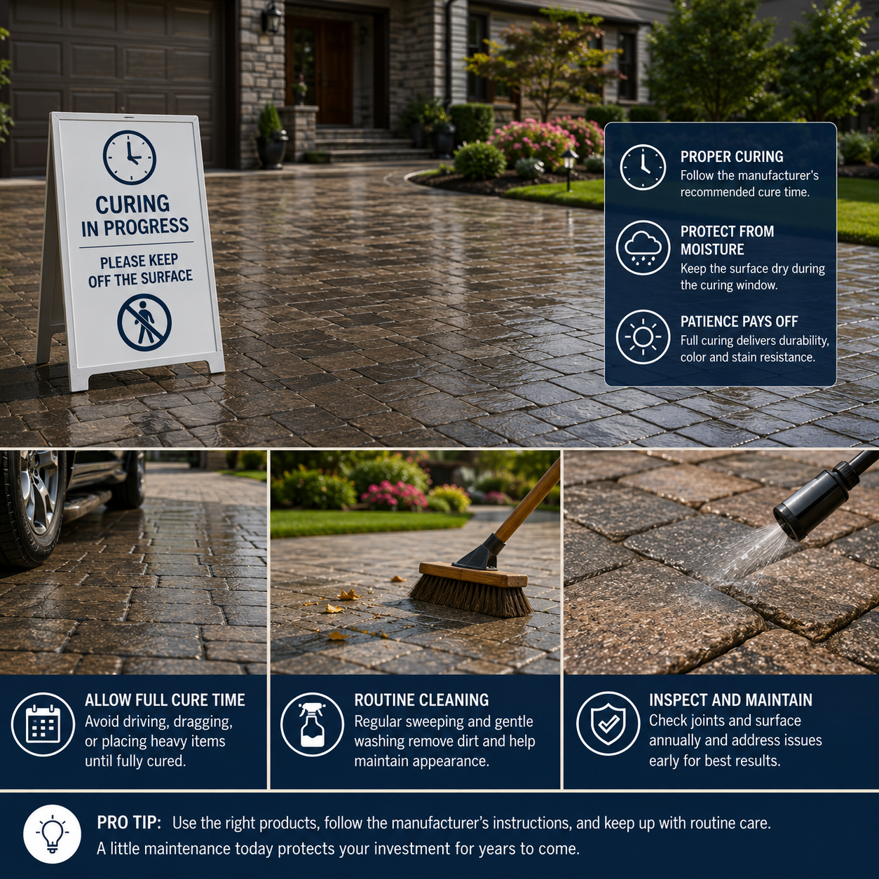 Freshly sealed paver driveway protected during curing, with examples of routine sweeping, gentle washing, joint inspection, and long-term surface maintenance.
