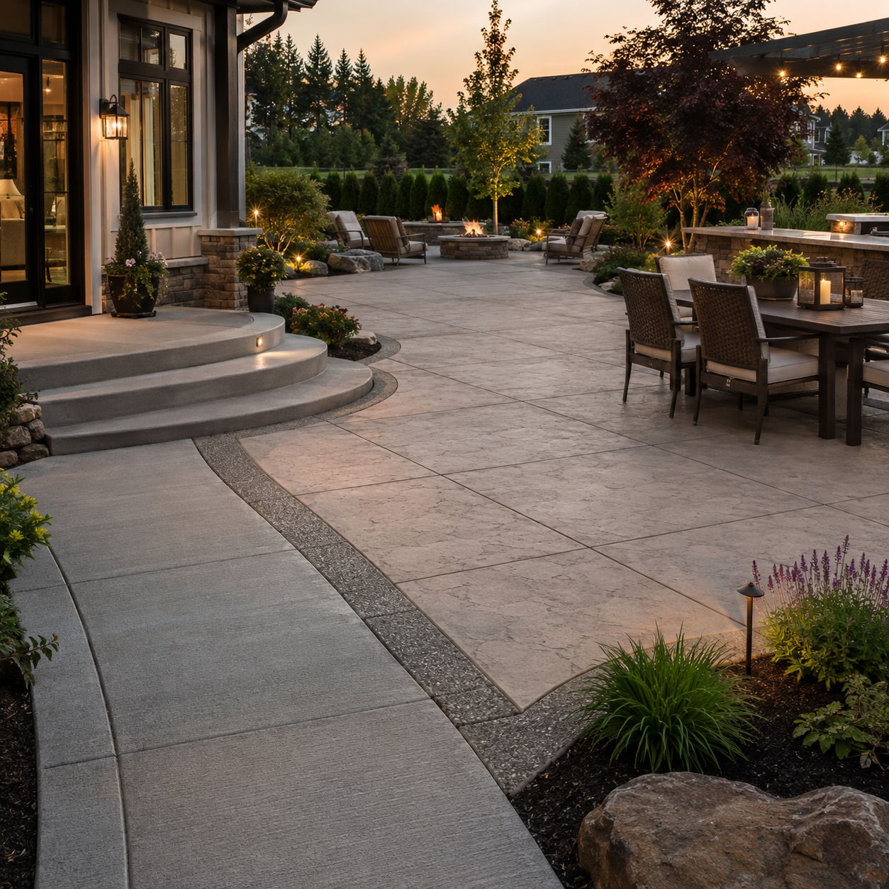 Custom concrete patio with stamped and broom-finished surfaces, decorative exposed-aggregate borders, curved steps, dining space, fire pit, landscaping, and integrated lighting.