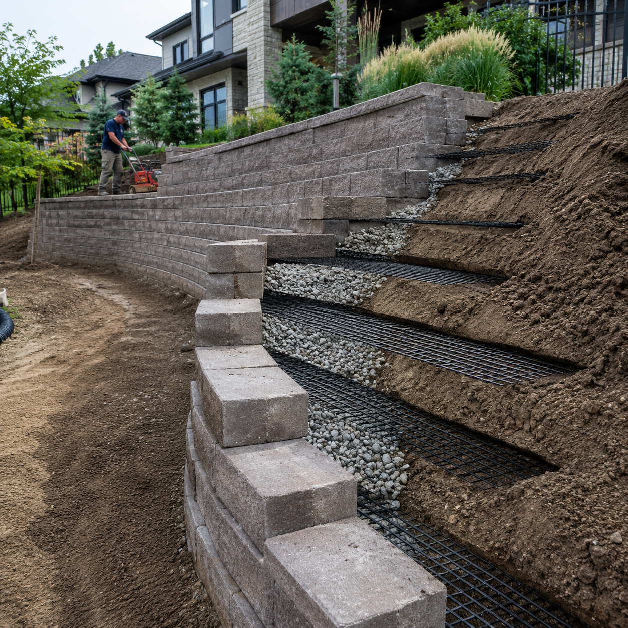 Segmental retaining wall under construction with layered geogrid reinforcement, drainage stone, stepped wall courses, compacted soil, and a contractor operating compaction equipment.