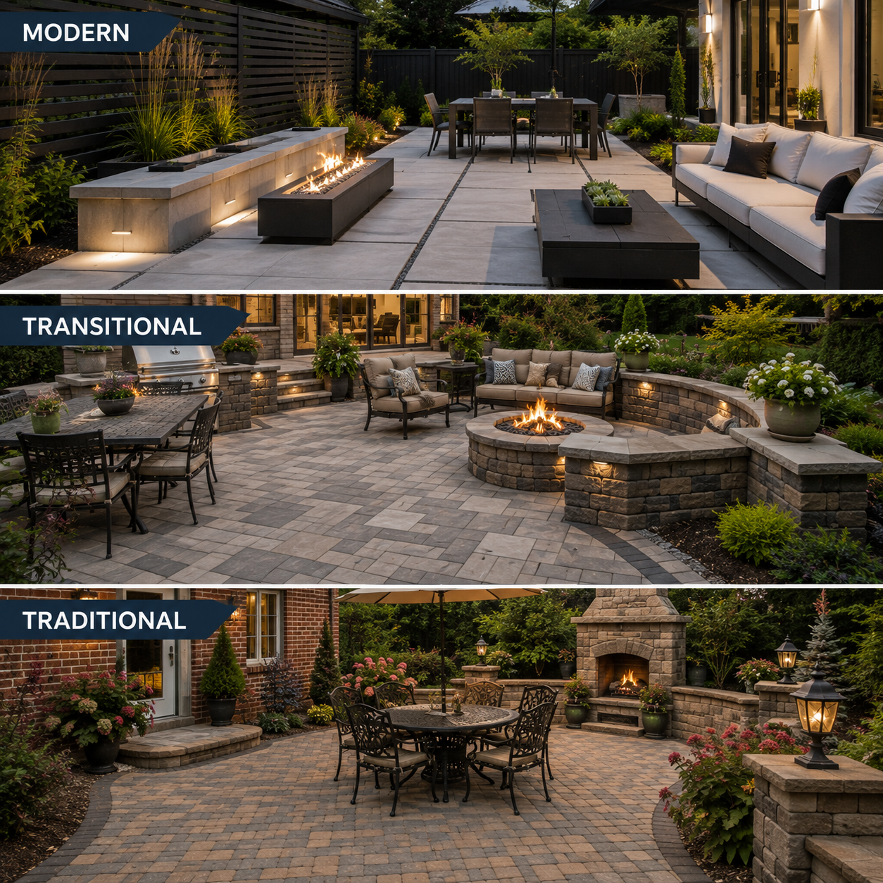 Comparison of modern, transitional, and traditional paver patio designs featuring different paver sizes, patterns, borders, outdoor furnishings, fire features, and architectural styles.
