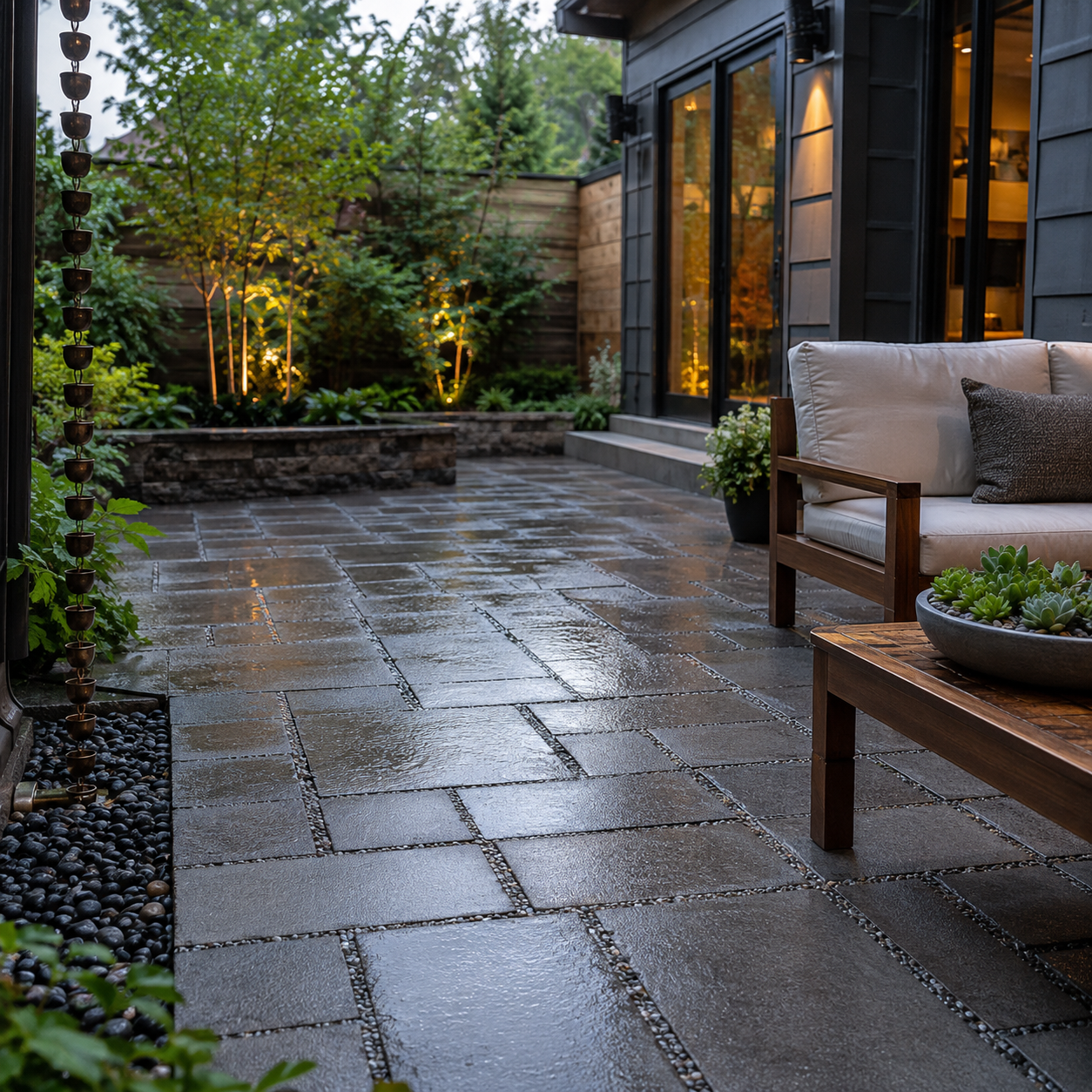 Modern permeable paver patio during rainfall with widened aggregate-filled joints, wet paving surfaces, contemporary seating, landscaping, and drainage-conscious design.