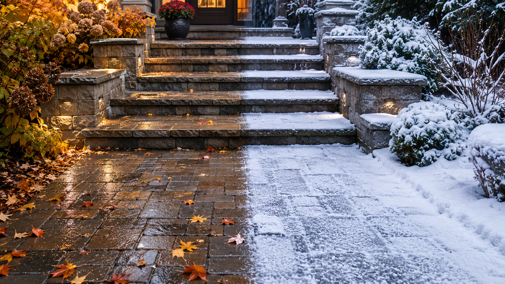 Outdoor masonry steps shown in contrasting wet autumn and snowy winter conditions, with fallen leaves, standing moisture, snow accumulation, textured treads, and integrated lighting.