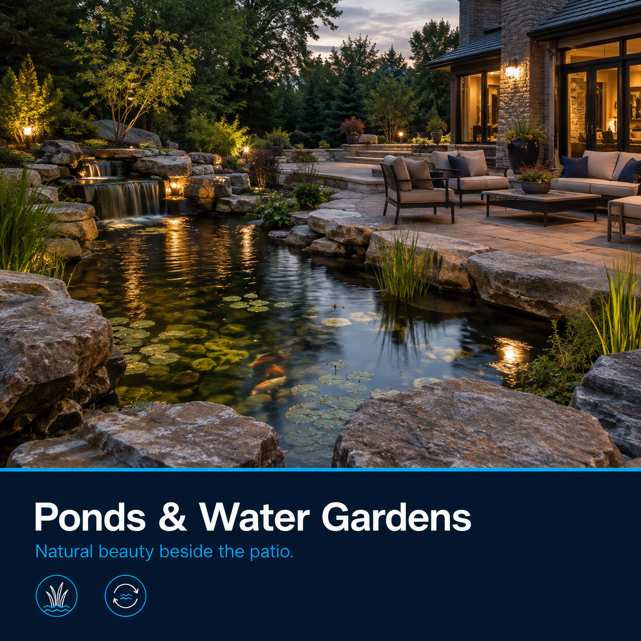 Natural ecosystem pond with waterfalls, aquatic plants, fish, boulders, underwater lighting, and a stone patio beside a residential outdoor living space.