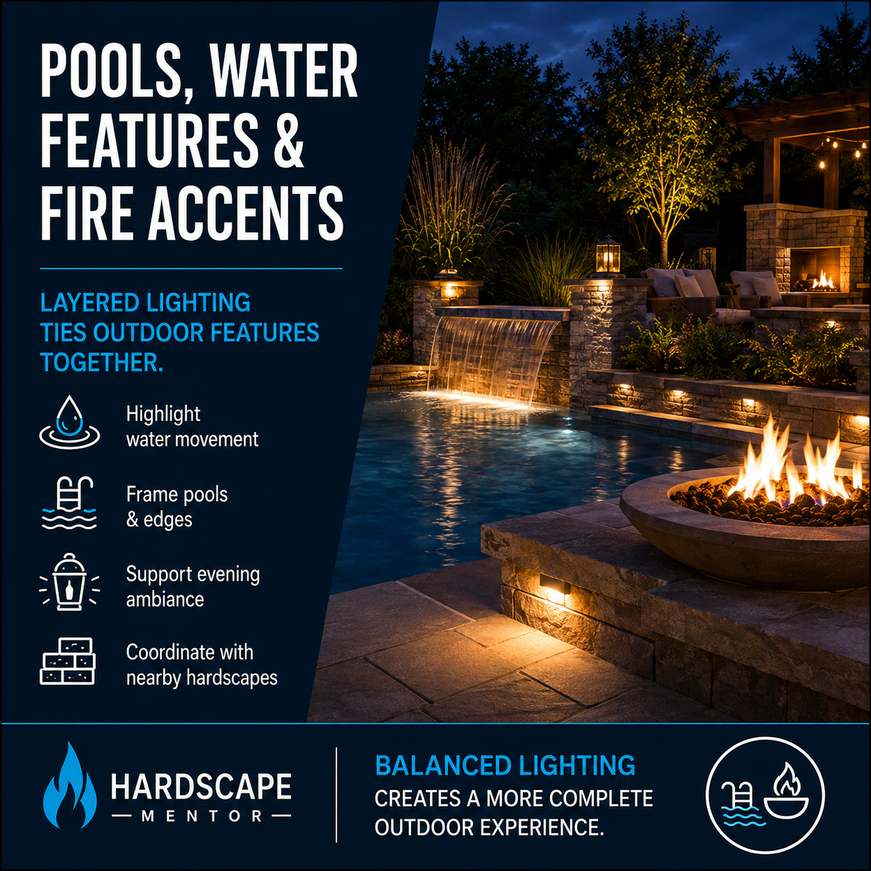 Landscape lighting infographic showing an illuminated swimming pool, waterfall spillway, masonry columns, fire bowl, outdoor fireplace, walls, steps, and surrounding plantings.