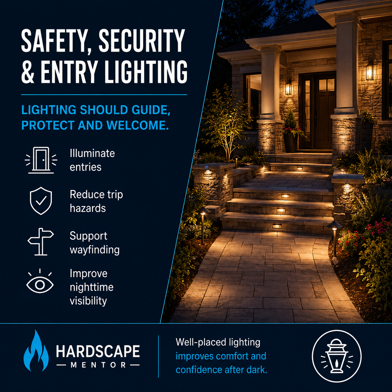 Landscape lighting fixture infographic comparing path lighting, uplighting, downlighting, and wall lighting within residential walkways, trees, masonry walls, and planting areas.