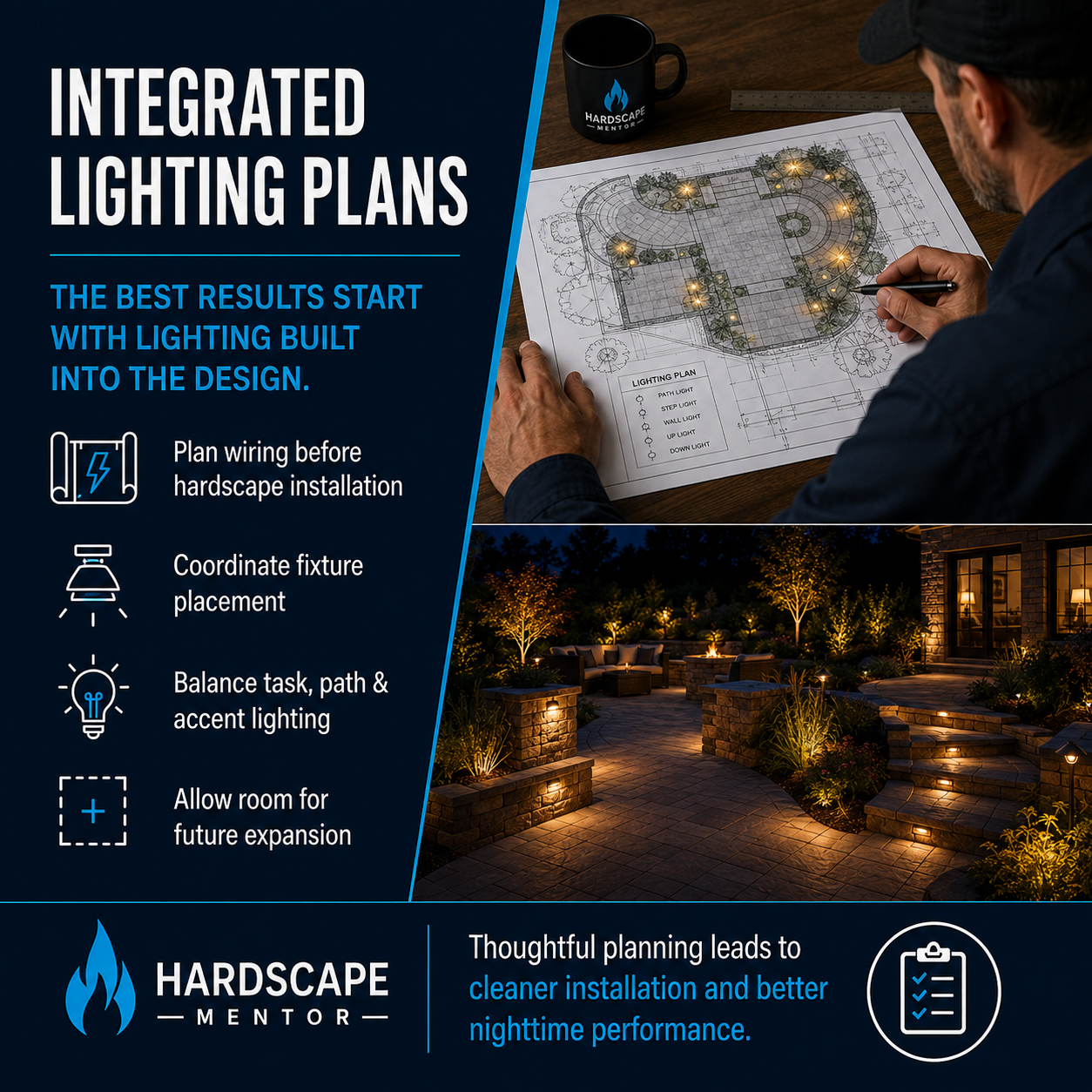 Hardscape lighting infographic showing illuminated stone steps, seating walls, retaining walls, columns, patios, and a fire-pit area within a residential outdoor living space.