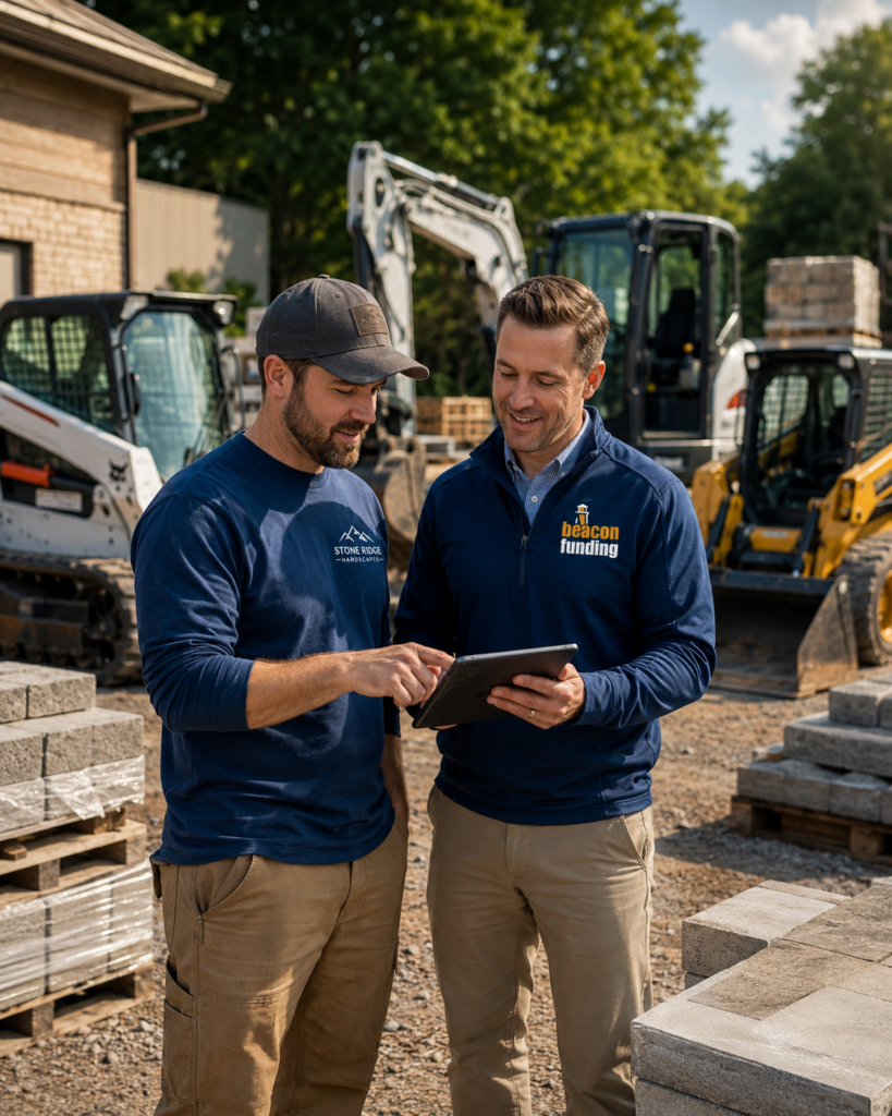 Beacon Funding representative discussing equipment financing with a hardscape contractor at a jobsite with skid steers and an excavator in the background.
